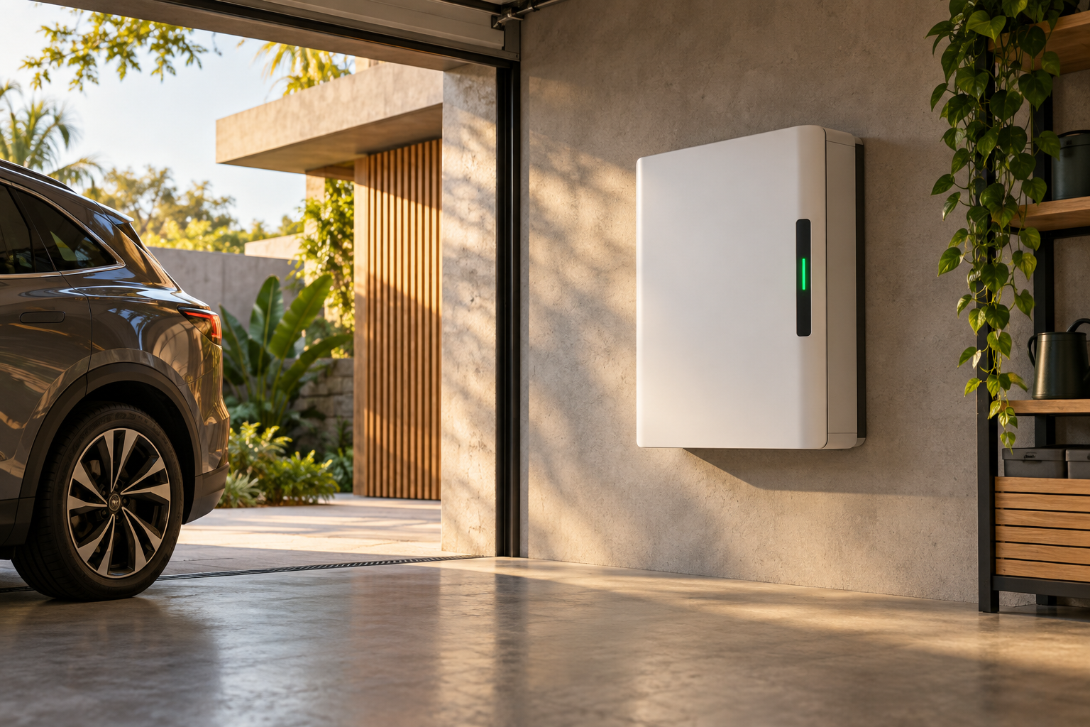Bateria residencial instalada em uma garagem contemporânea